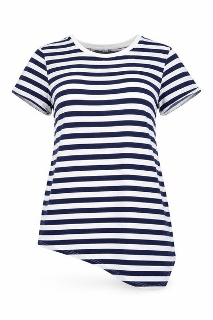 Front view of WE women’s blue striped basic t-shirt, size M
