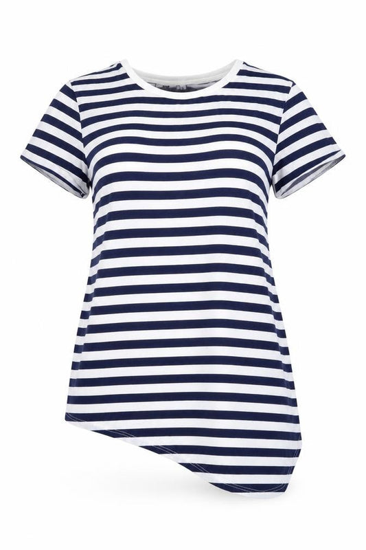 Front view of WE women’s blue striped basic t-shirt, size M