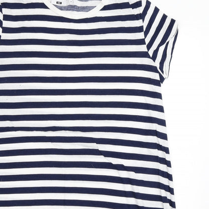 Close-up detail of WE women’s blue striped basic t-shirt, size M