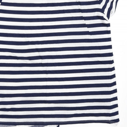 Brand and care label for WE women’s blue striped basic t-shirt, size M