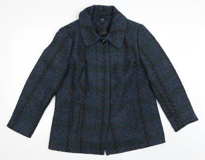Additional front view of EWM women’s blue overcoat coat, size UK 14