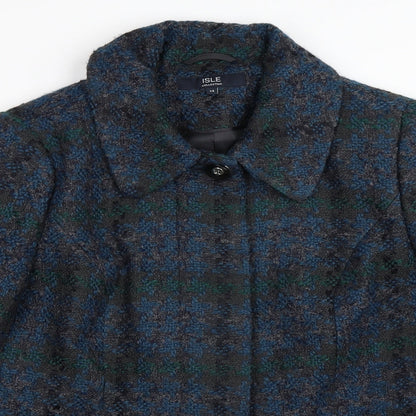 Close-up detail of EWM women’s blue overcoat coat, size UK 14