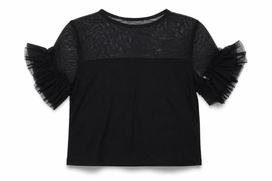 Front view of New Look girls’ black mesh basic t-shirt, size 9, years