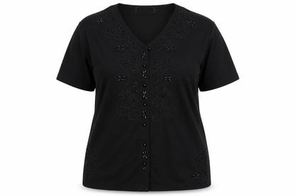 Front view of Preworn women’s black basic button-up, size XL