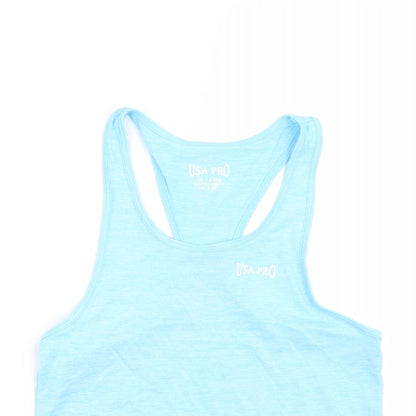 Close-up detail of USA Pro girls’ blue basic t-shirt, size 7-8, years