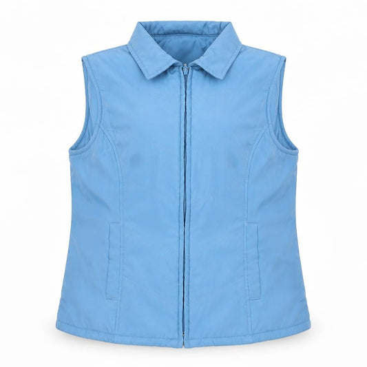Front view of EWM women’s blue gilet coat, size M