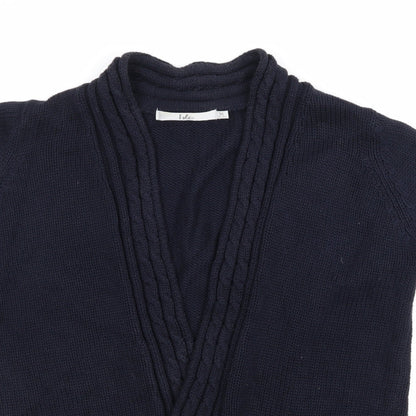Close-up detail of Isle women’s blue knit cardigan jumper, size M
