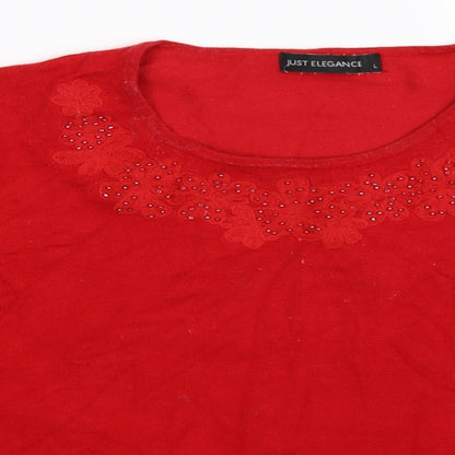 Close-up detail of Just Elegance women’s red knit jumper, size L