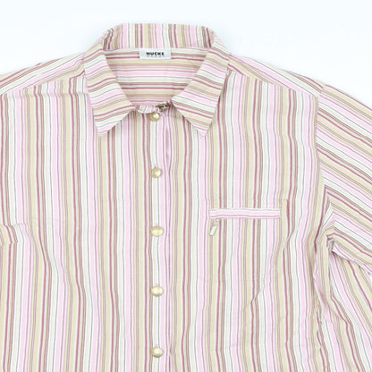 Close-up detail of Hucke Women women’s pink striped basic button-up, size UK 18