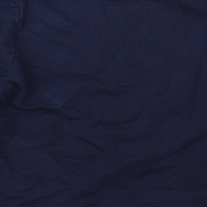 Brand and care label for ASOS men’s blue pullover sweatshirt, size M