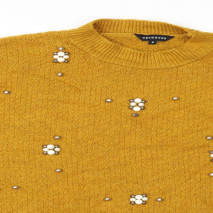 Close-up detail of Peacocks women’s yellow knit jumper, size S