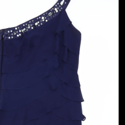 Close-up detail of SL Fashion women’s blue mini, size UK 10