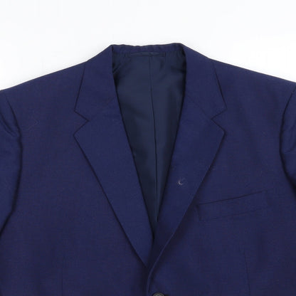 Close-up detail of Preworn men’s blue rayon jacket suit jacket, size 36