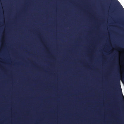 Brand and care label for Preworn men’s blue rayon jacket suit jacket, size 36