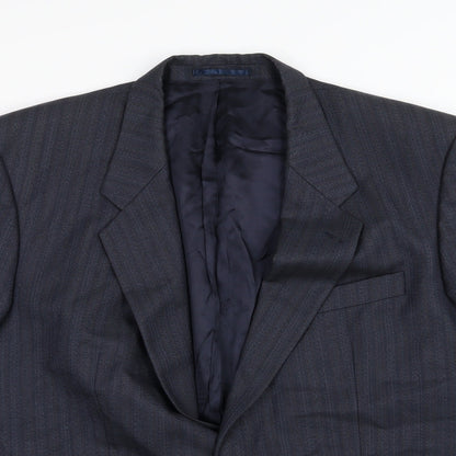 Close-up detail of HR Tailoring men’s blue striped jacket suit jacket, size 46