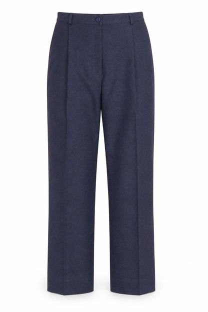 Front view of Debenhams women’s blue trousers, size UK 10, 28-inch leg