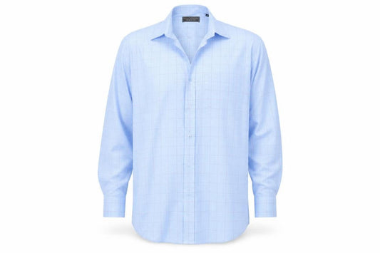 Front view of Greenwoods men’s blue button-up, size 15