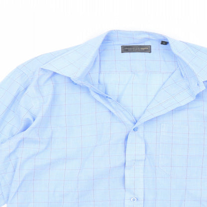 Close-up detail of Greenwoods men’s blue button-up, size 15