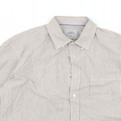Close-up detail of Marks & Spencer men’s white striped button-up, size M