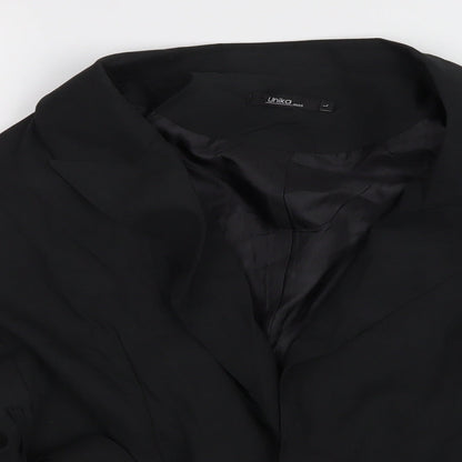 Close-up detail of Unika women’s black overcoat jacket, size UK 14