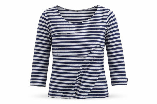 Front view of Green Envelope women’s blue striped basic t-shirt, size UK 10