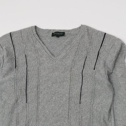 Close-up detail of Greenwoods men’s grey knit jumper, size M