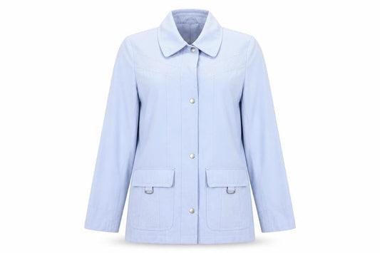 Front view of EWM women’s blue overcoat coat, size UK 10