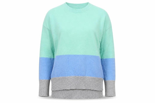Front view of Oasis women’s blue striped jumper, size XS