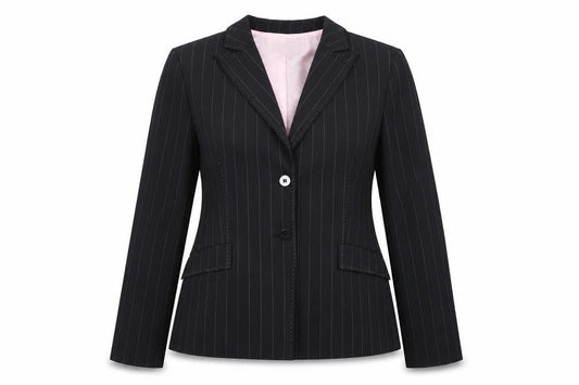 Front view of Marks & Spencer women’s black striped jacket suit jacket, size UK 12