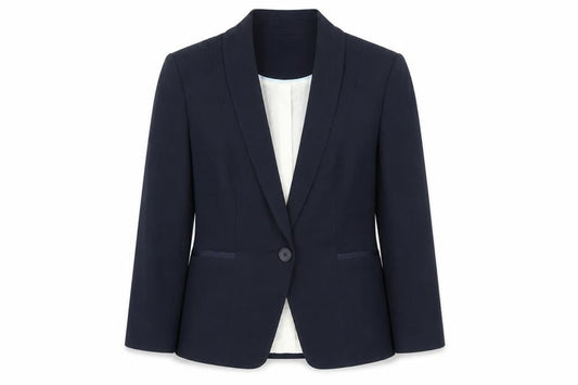 Front view of Marks & Spencer women’s blue jacket suit jacket, size UK 14