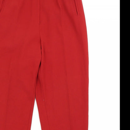 Close-up detail of Gregory Pat women’s red trousers, size UK 16, 28-inch leg