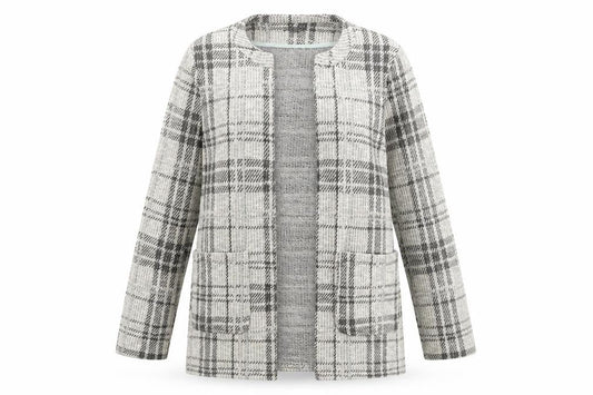 Front view of New Look women’s ivory plaid jersey jacket, size UK 12