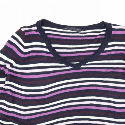 Close-up detail of Marks & Spencer women’s purple striped knit jumper, size UK 12