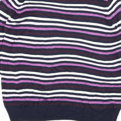 Brand and care label for Marks & Spencer women’s purple striped knit jumper, size UK 12