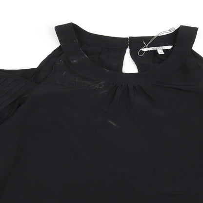 Close-up detail of Preworn women’s black basic blouse, size M