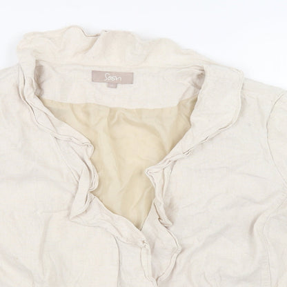 Close-up detail of Soon women’s beige jacket, size UK 20