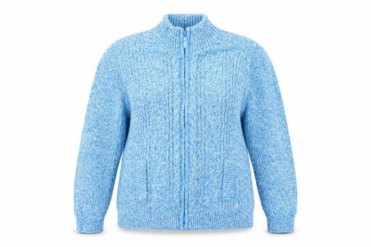 Front view of Isle women’s blue knit jacket, size XL