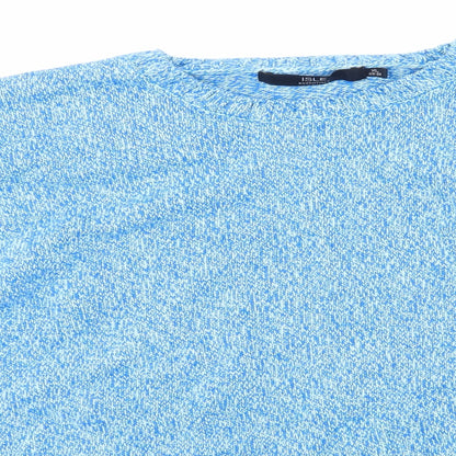 Close-up detail of isle women’s blue knit jumper, size XL