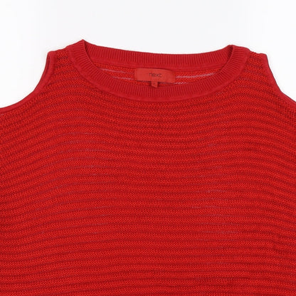 Close-up detail of Next women’s red striped knit jumper, size UK 10, - codl shoulder