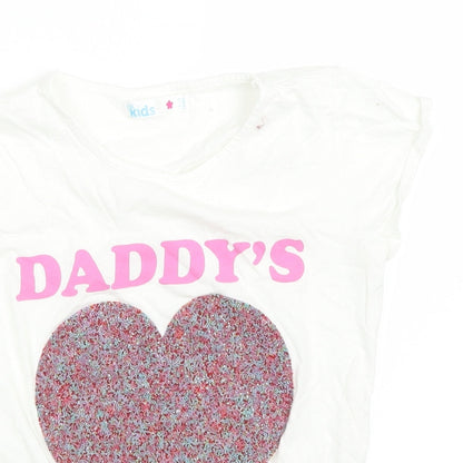 Close-up detail of M&Co girls’ white pullover t-shirt, size 10-11, years - hearts