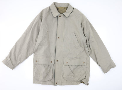 Front view of Preworn men’s grey overcoat coat, size L