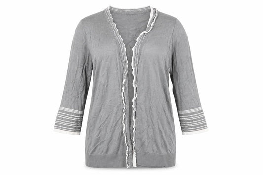 Front view of Per Una women’s grey cardigan jumper, size UK 18