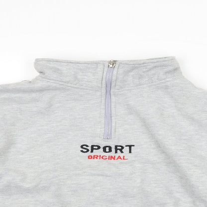 Close-up detail of Fashion women’s grey henley sweatshirt, size L