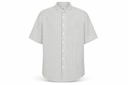 Front view of weekends only men’s white striped button-up, size L