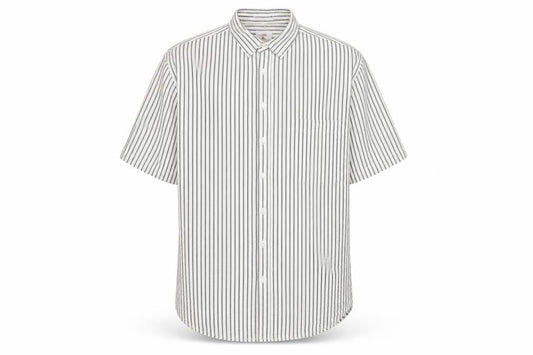 Front view of weekends only men’s white striped button-up, size L