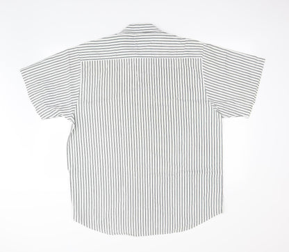 Back view of weekends only men’s white striped button-up, size L