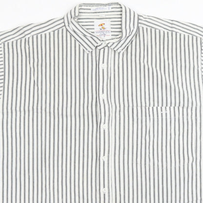 Close-up detail of weekends only men’s white striped button-up, size L