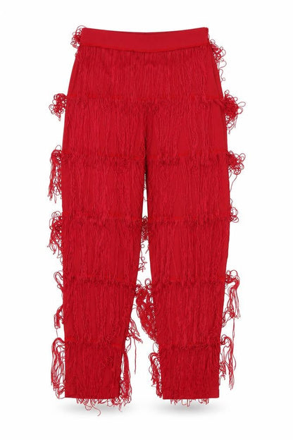 Front view of Missguided women’s red trousers, size UK 10, 20.5-inch leg