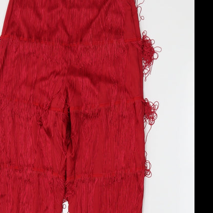 Close-up detail of Missguided women’s red trousers, size UK 10, 20.5-inch leg