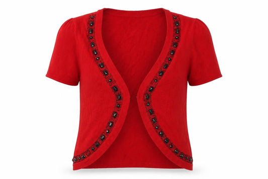 Front view of Bonmarché women’s red knit cardigan jumper, size M